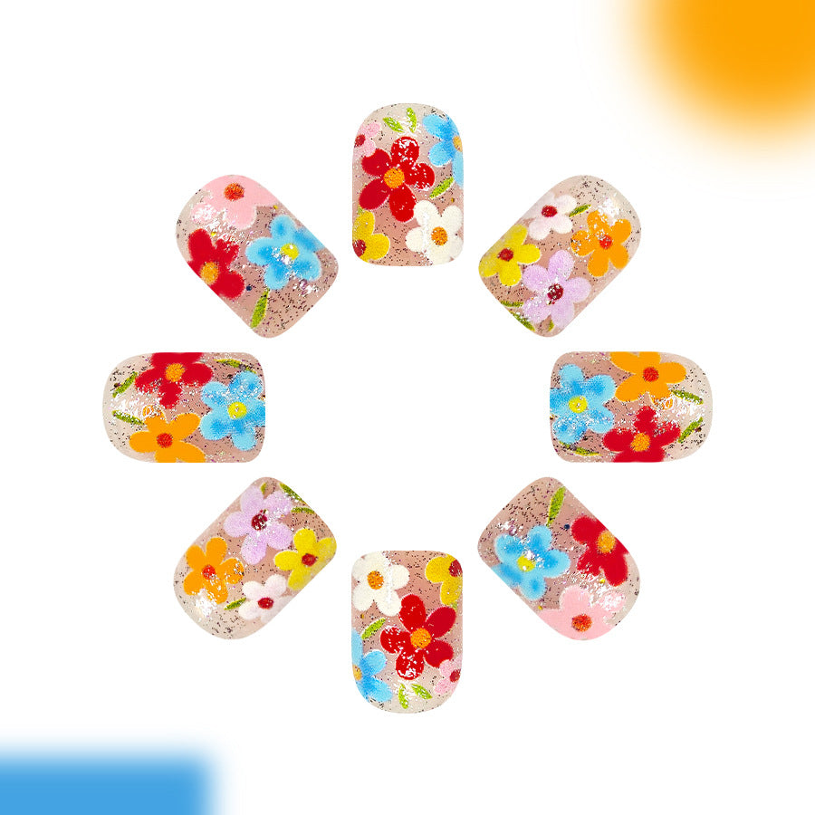 Blooming Floral Short Square Glitter Press On Nail Set