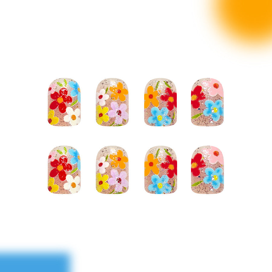 Floral Fiesta Short Square Colorful Glitter Press On Nail Set with Vibrant Flower Designs