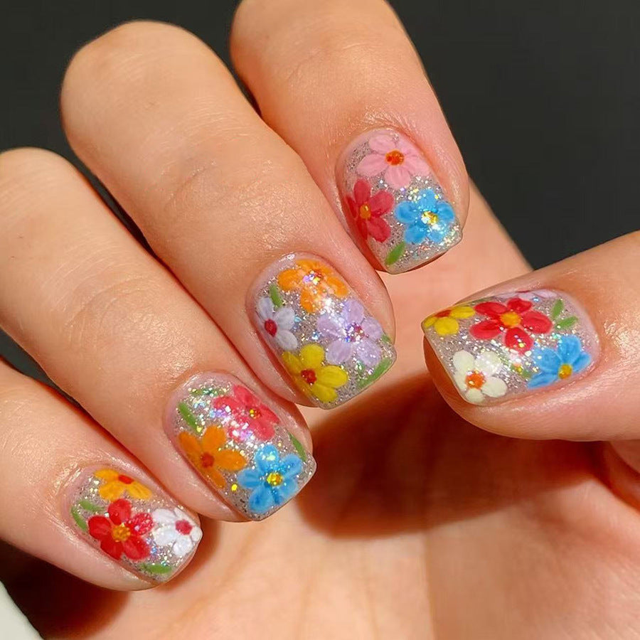 Spring Blossom Short Square Colorful Floral Design Press On Nail Set