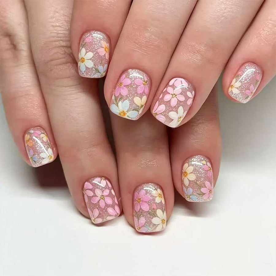 Floral Fantasy Short Square Pink with Sparkling Glitter Finish Press On Nail Set