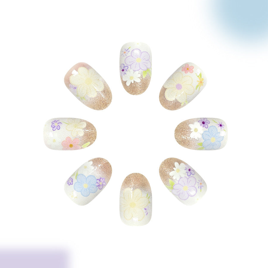 Floral Fantasy Medium Oval Pastel Press-On Nail Set with Glittery Accents
