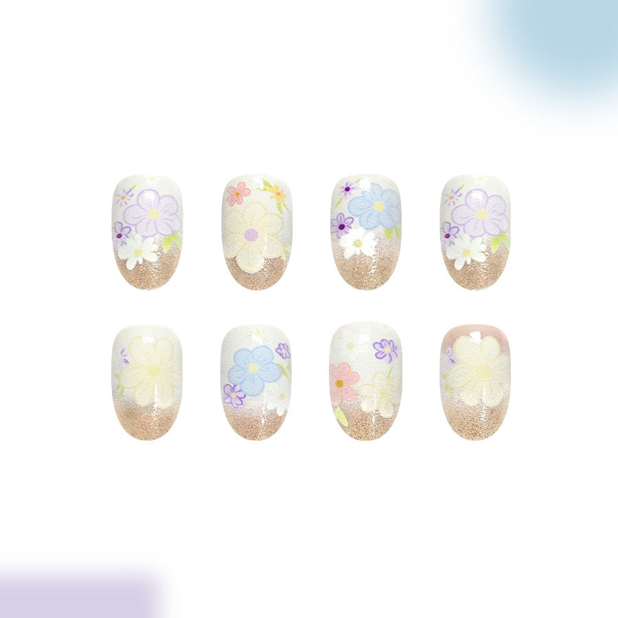 Floral Elegance Short Oval White with Glittery Blossom Design Press On Nail Set