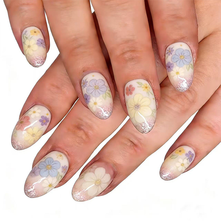 Floral Elegance Medium Oval Pastel Press On Nail Set with Glitter Tip