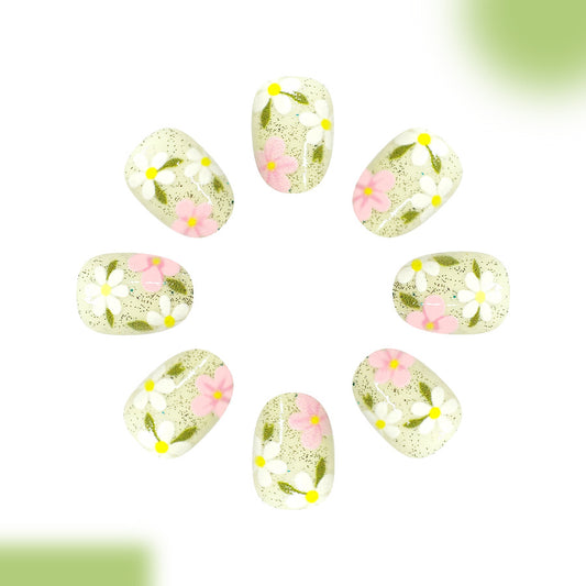Floral Delight Short Oval Green Base with Charming Flower Accents Press on Nail Set
