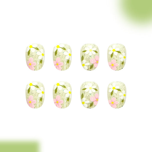 Floral Radiance Short Oval Green with Charming Blossom Design Press on Nail Set