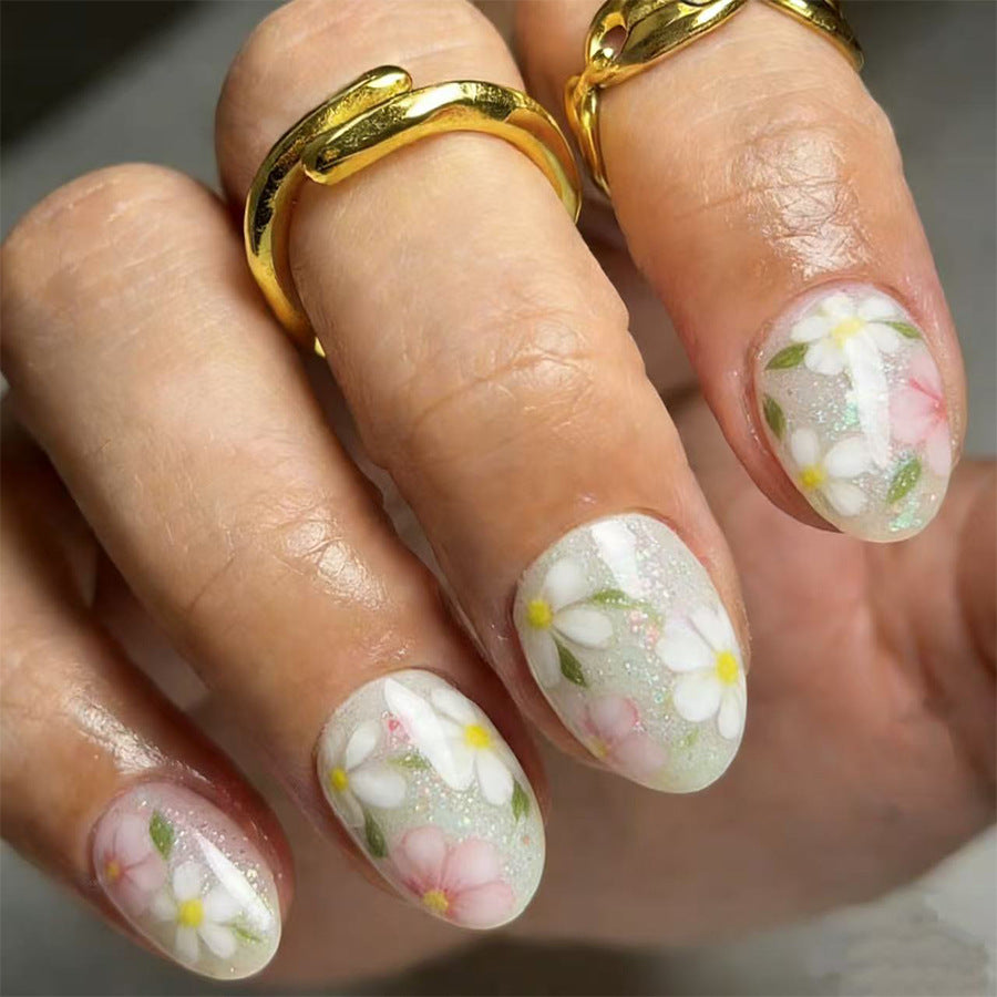 Garden Party Medium Oval Mint Green Floral Glitter Press On Nail Set