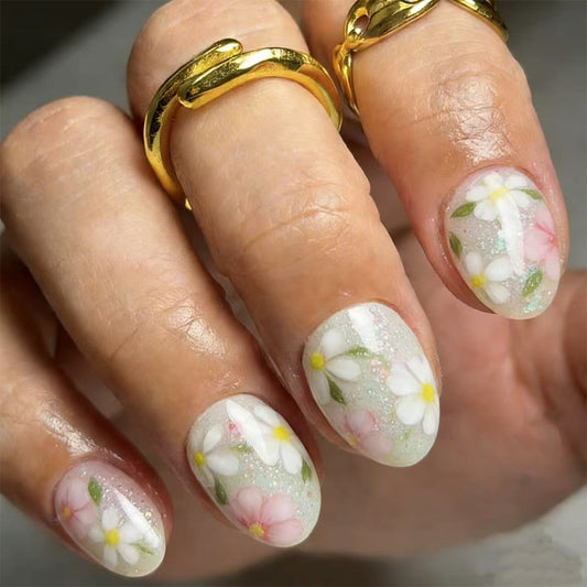 Garden Party Medium Oval Mint Green Floral Glitter Press On Nail Set