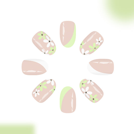 Floral Whisper Medium Oval Soft Pink with Vibrant Green Accents Press On Nail Set