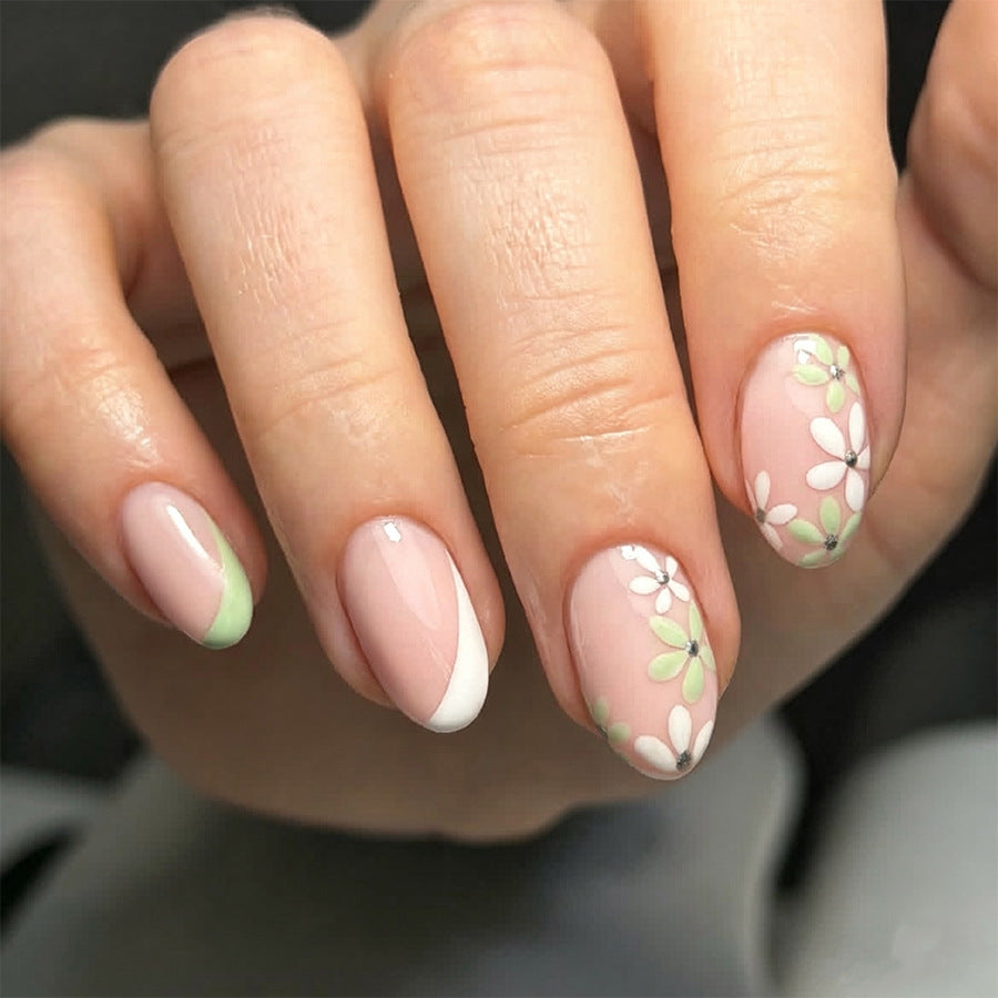 Whimsical Garden Medium Oval Pink and Green Floral Nail Set