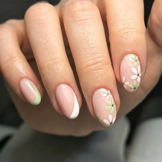 Whimsical Garden Medium Oval Pink and Green Floral Nail Set