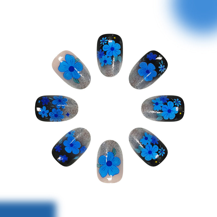 Flower Power Short Round Blue Floral Design Press On Nail Set