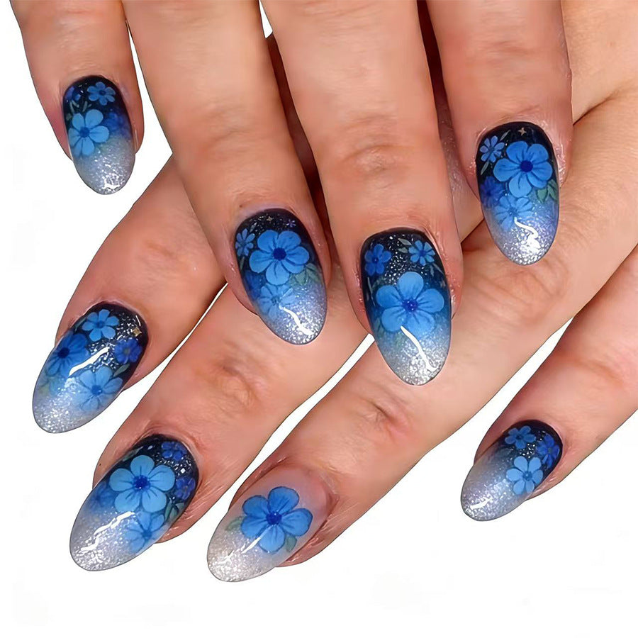 Floral Dream Long Oval Blue Ombre with Glittery Finish Press On Nail Set