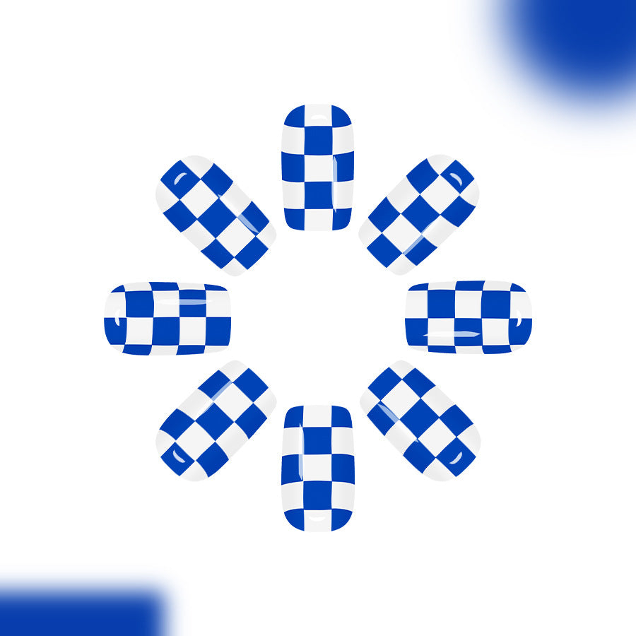 Sky Checkered Short Round Glossy Finish Press On Nail Set