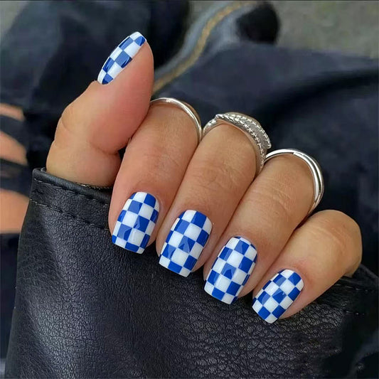 Charming Blue Checkered Short Square Press On Nail Set for Effortless Style