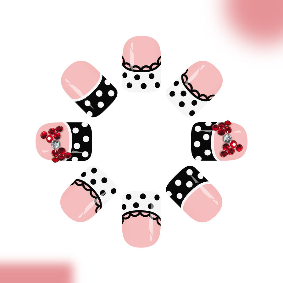 Chic Vintage Glamour Short Square Pink and Black Press On Nail Set with Beautiful Rhinestone Accents