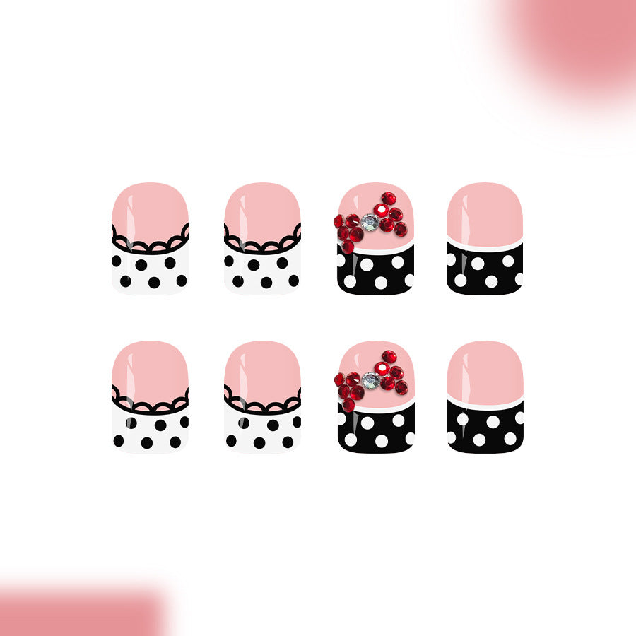 Chic Polka Dot Glamour Medium Square Pink with Dazzling Gem Accents Nail Set