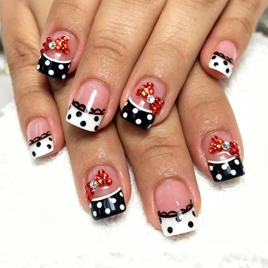 Chic Polka Dot Short Square Black and White with Stylish Embellishments Press-On Nail Set