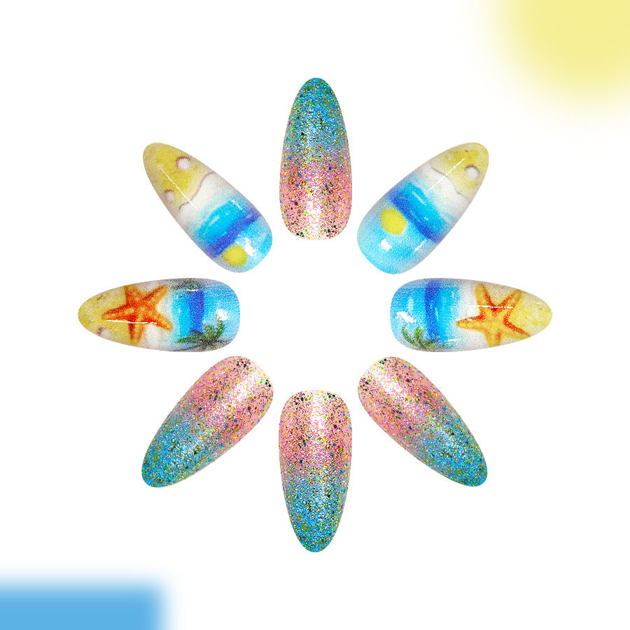 Tropical Vibes Medium Almond Glittery Ocean-Themed Press-On Nail Set