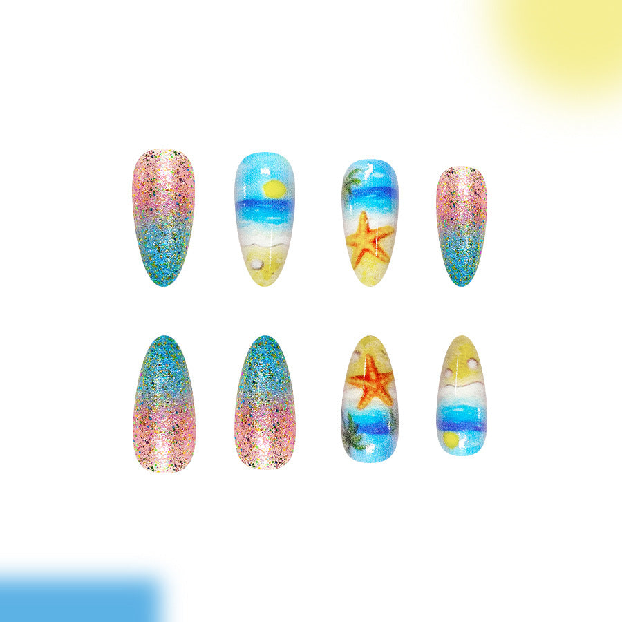 Beach Paradise Long Almond Blue and Pink Glittery Coastal Design Press-On Nail Set