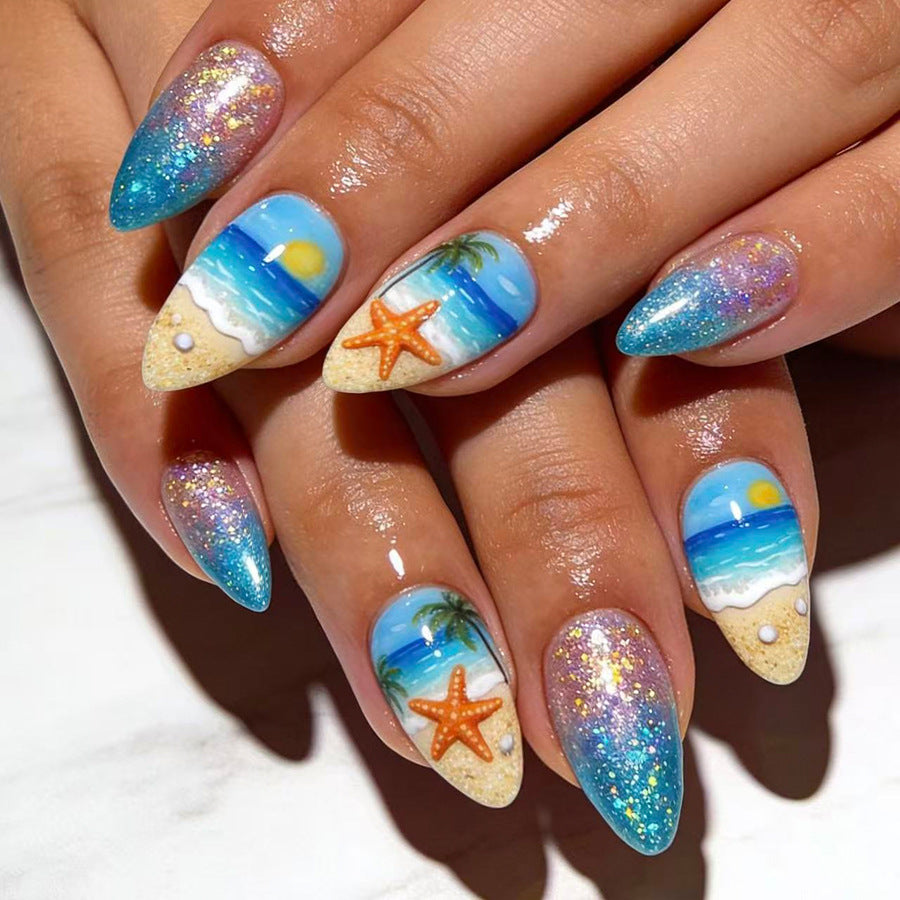 Tropical Paradise Medium Almond Blue Glitter Beach Themed Press On Nail Set