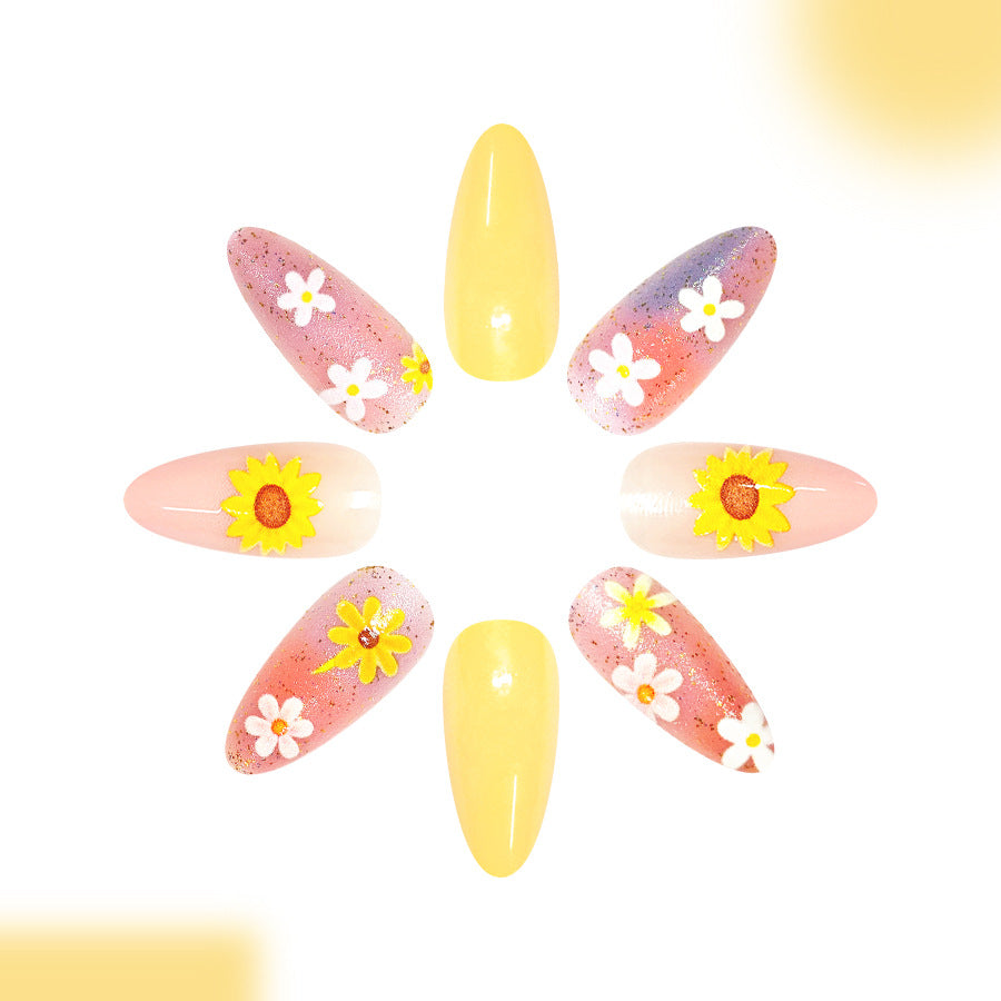 Sunny Garden Medium Almond Yellow Floral Press On Nail Set