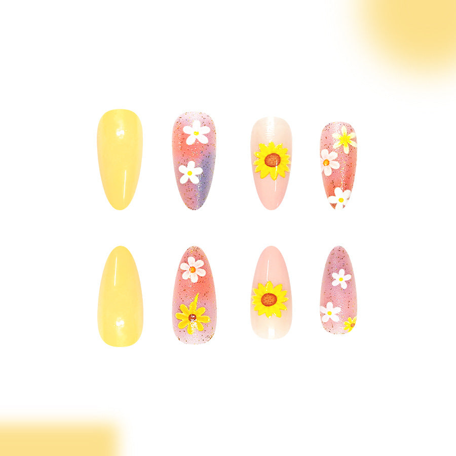 Sunny Floral Vibes Medium Almond Yellow with Flower Accents Press On Nail Set