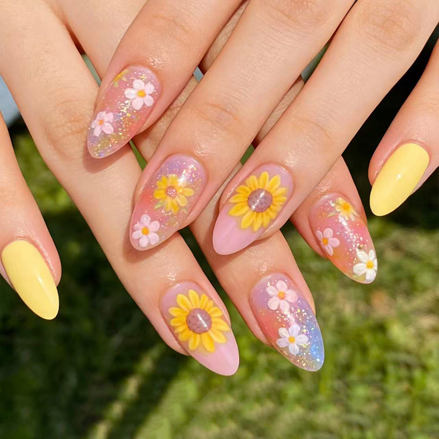 Whimsical Garden Medium Almond Yellow Floral Press On Nail Set