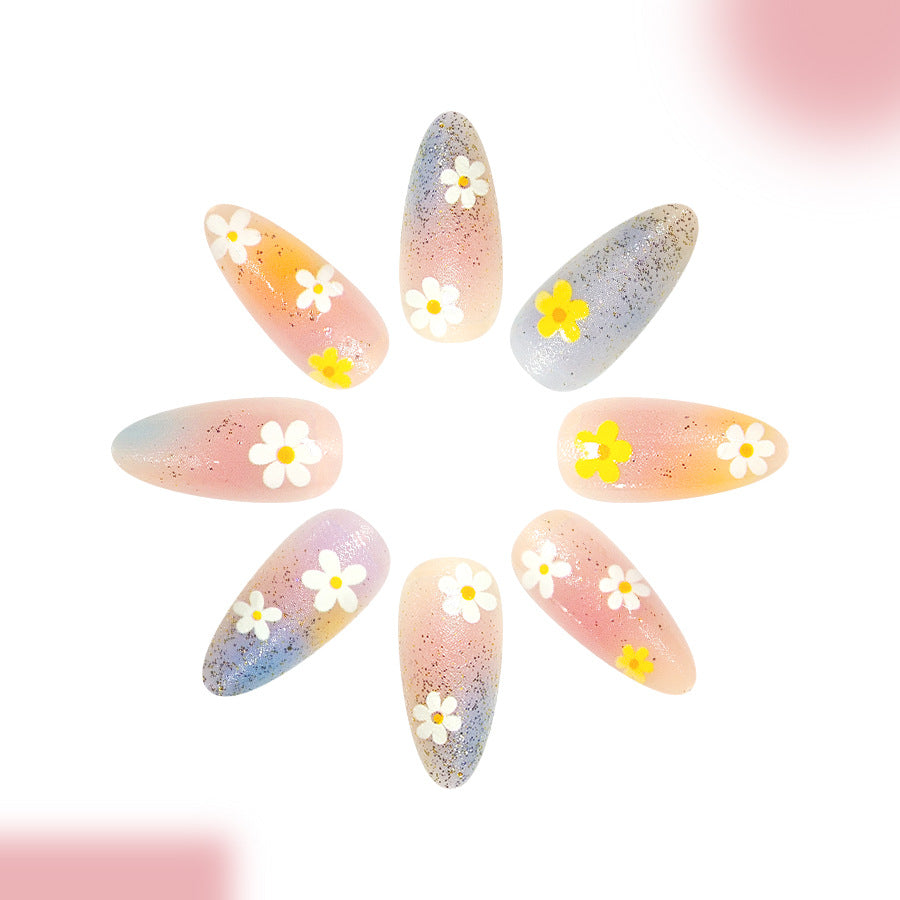 Whimsical Floral Medium Almond Pastel Press On Nail Set with Daisy Accents