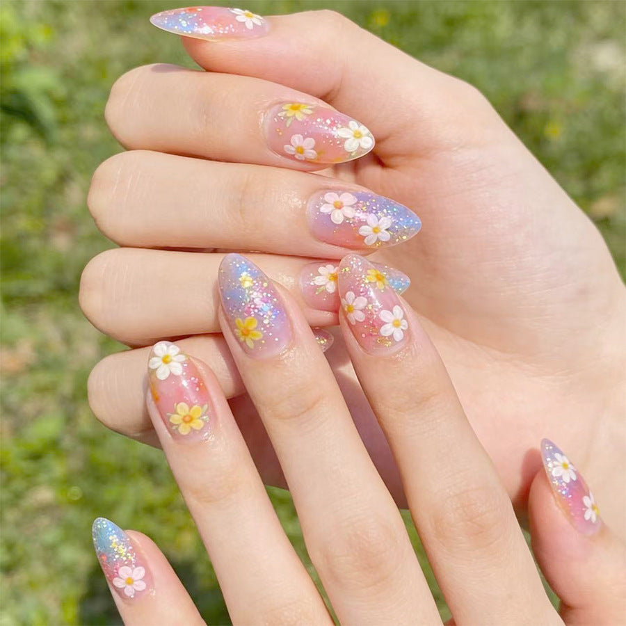 Sunny Floral Fantasy Long Almond Ombre with Glitter and Daisy Accents Press On Nail Set