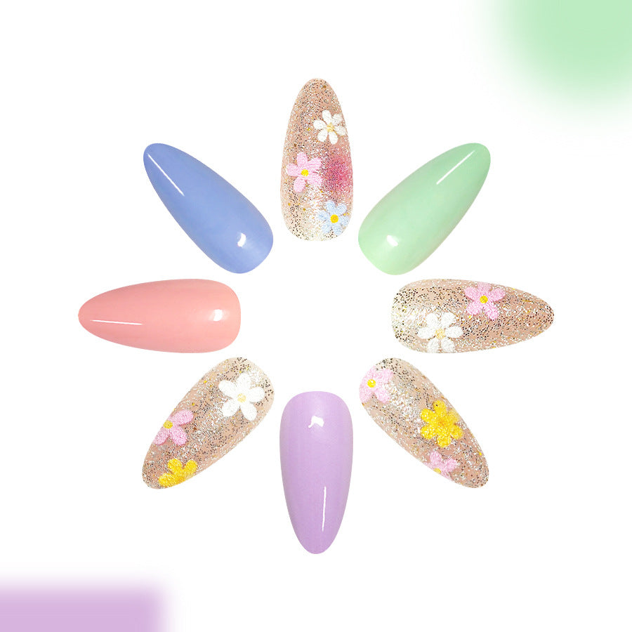 Spring Blossom Long Almond Pastel Glitter Floral Press On Nail Set
