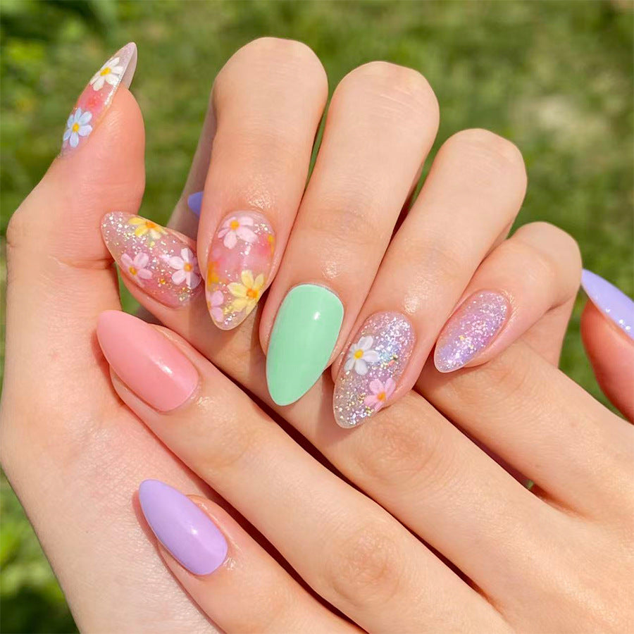 Blooming Garden Medium Almond Pastel Press on Nail Set with Floral Accents