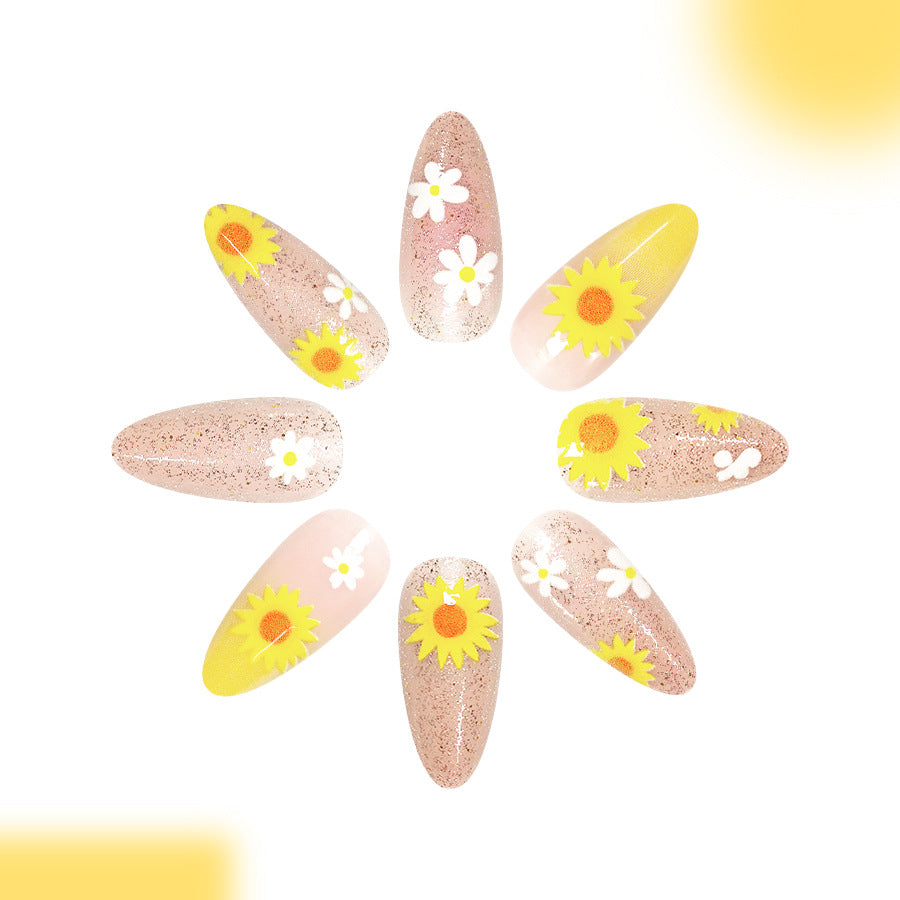 Sunny Floral Vibes Medium Almond Pink with Glitter and Sunflower Design Press-On Nail Set