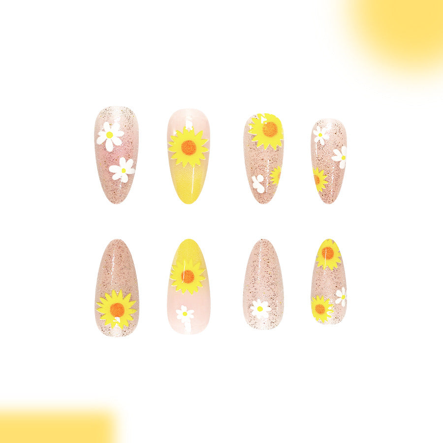 Sunny Floral Vibes Long Almond Yellow with Glitter Press On Nail Set