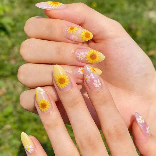 Sunny Floral Vibes Medium Stiletto Yellow with Whimsical Flower Designs Press on Nail Set