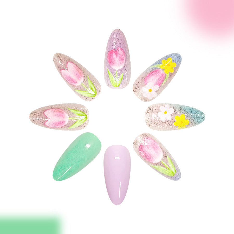 Spring Blossom Medium Almond Pastel Press On Nail Set with Floral Design