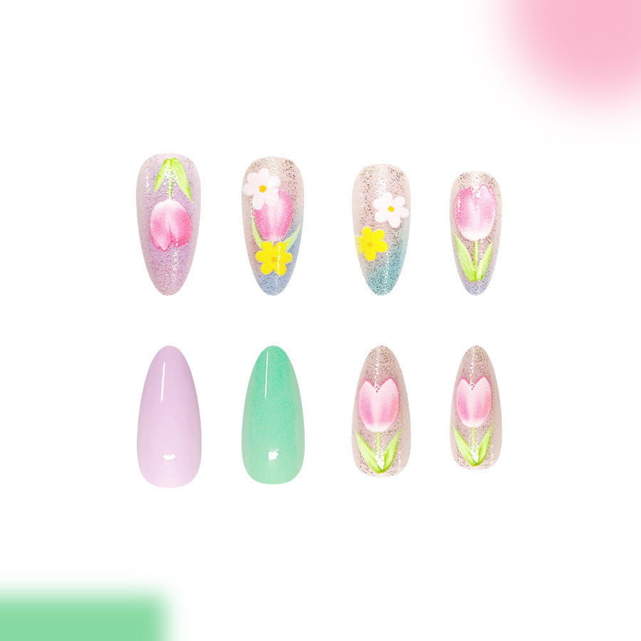 Whimsical Floral Vibes Medium Almond Pastel with Glitter Accents Press-On Nail Set