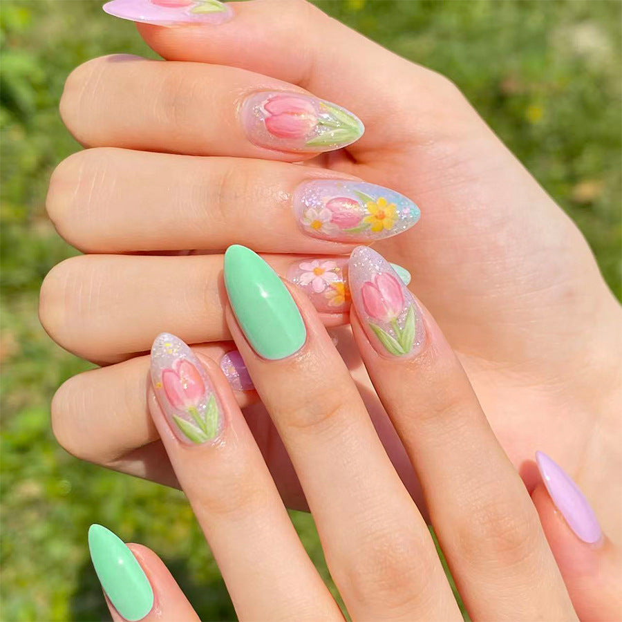 Spring Blossom Short Stiletto Green with Floral Design Press on Nail Set