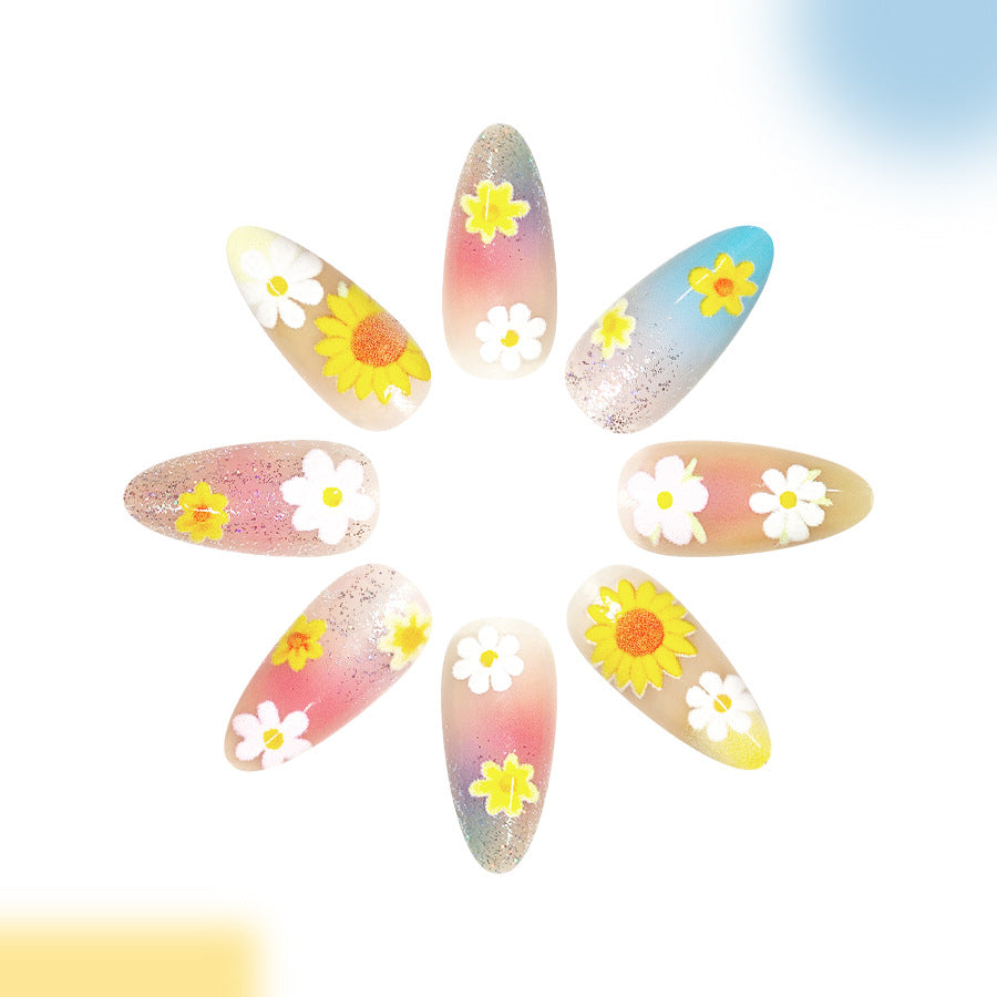 Floral Fantasy Medium Almond Pastel Gradient with Flower Embellishments Press On Nail Set