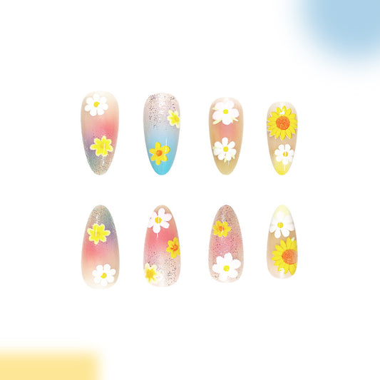 Spring Blossom Medium Almond Pastel Gradient with Flower Accents Press On Nail Set