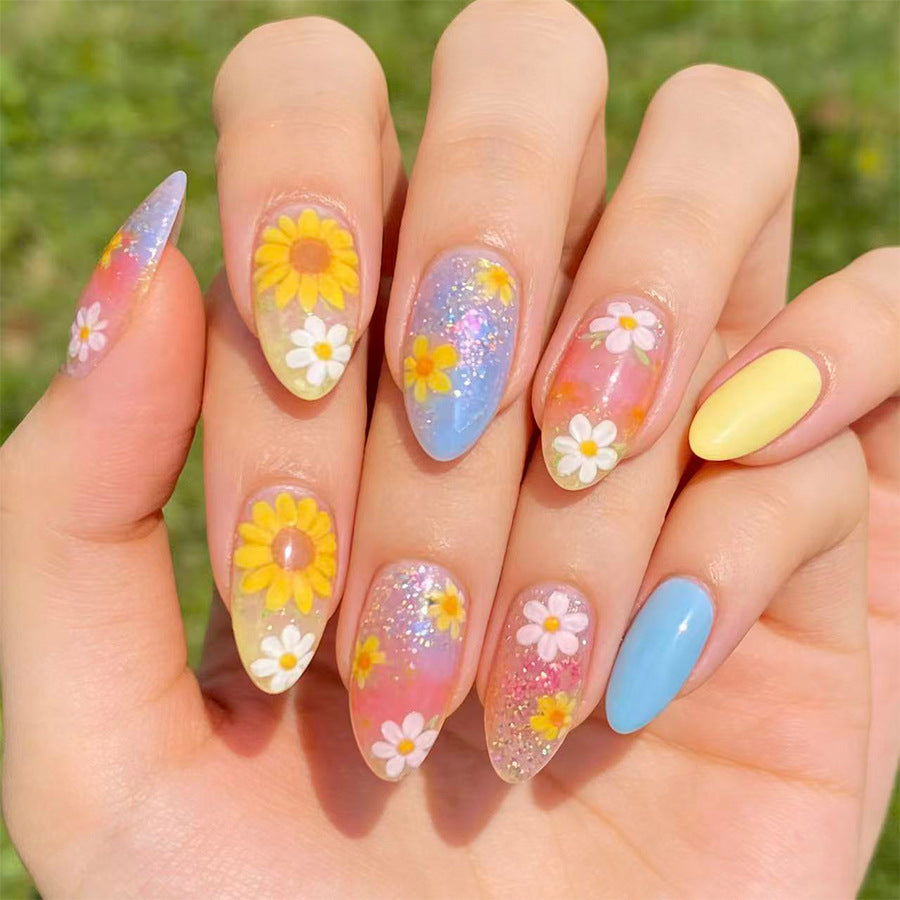 Sunny Blossom Long Almond Floral Press On Nail Set