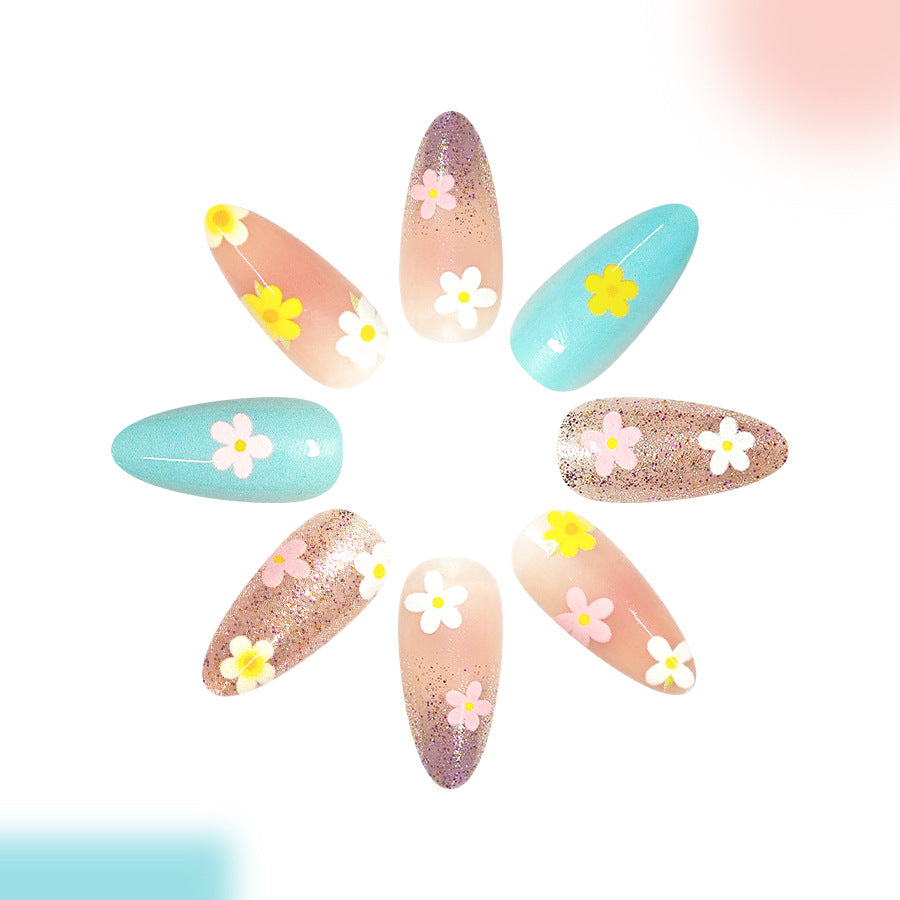 Whimsical Floral Dream Medium Almond Blue with Glittering Accents Press On Nail Set