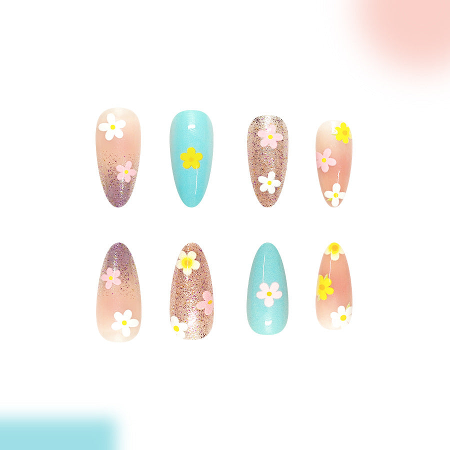 Floral Bliss Long Almond Light Blue with Charming Flower Accents Press On Nail Set
