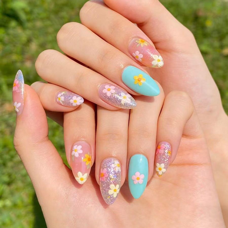 Blossom Dream Medium Almond Blue with Floral Accents Press On Nail Set