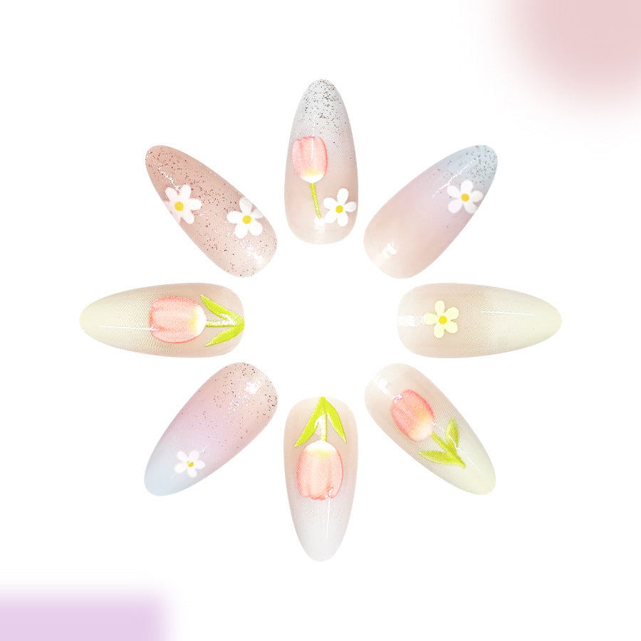 Floral Elegance Long Almond Pink Ombre Design with Hand-painted Flowers Press on Nail Set
