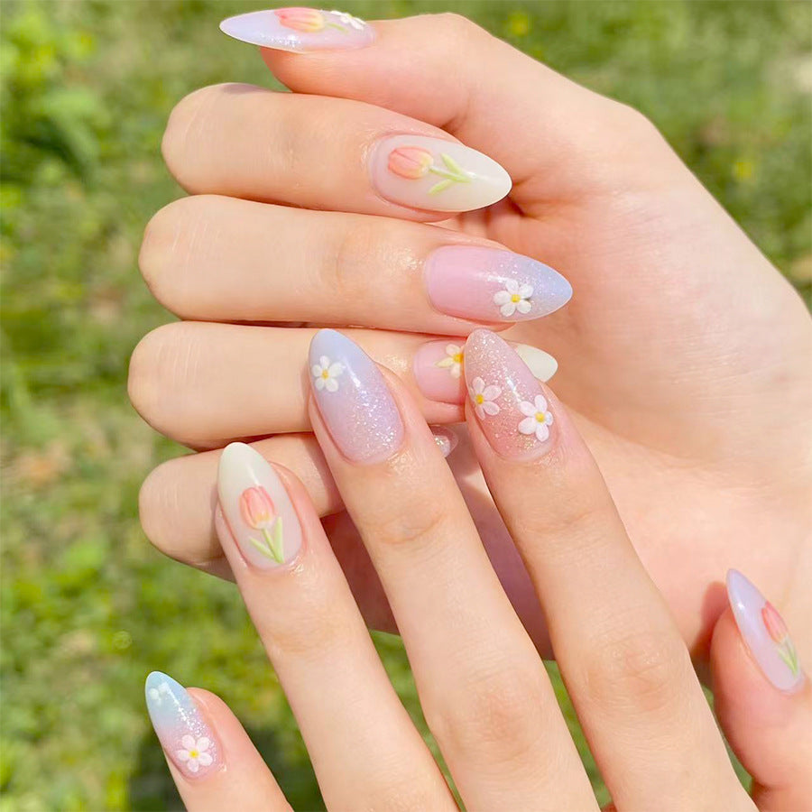 Spring Blossom Long Almond Pastel Floral Nail Set