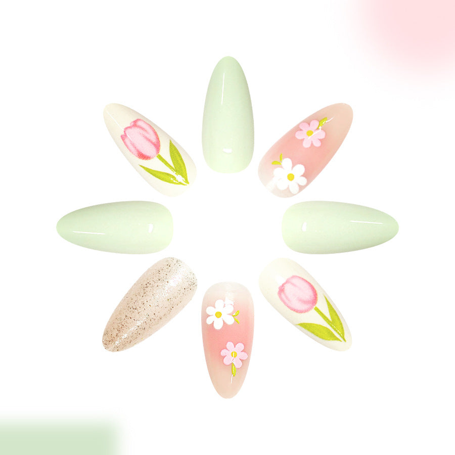 Spring Blossom Medium Almond Green with Floral Accents Press on Nail Set
