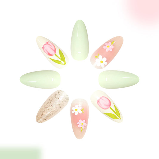 Spring Blossom Medium Almond Green with Floral Accents Press on Nail Set