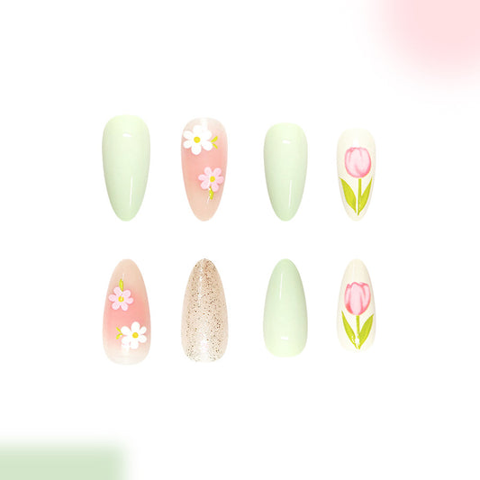 Spring Blossom Medium Oval Mint Green Floral Accents Press On Nail Set