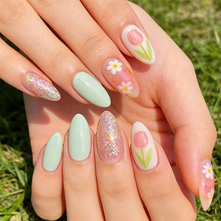 Spring Blossom Long Almond Mint Green with Floral Accents and Glitter Press On Nail Set