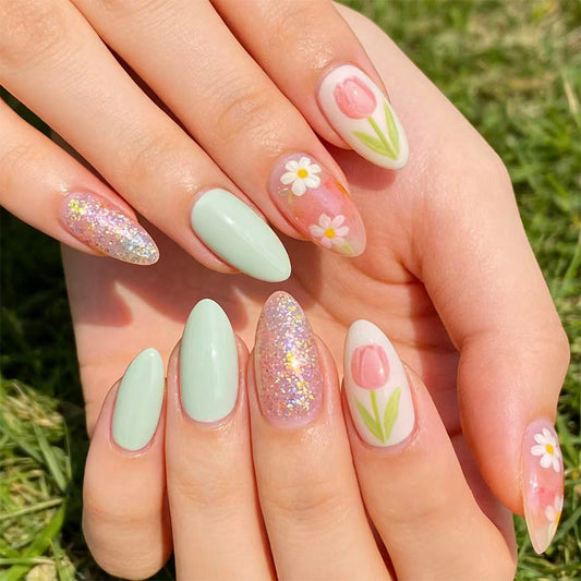 Spring Blossom Long Almond Mint Green with Floral Accents and Glitter Press On Nail Set